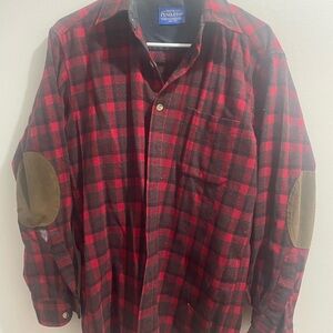 Pendleton Red and Black Buffalo Plaid Wool Shirt Jacket with Suede Elbow Patches